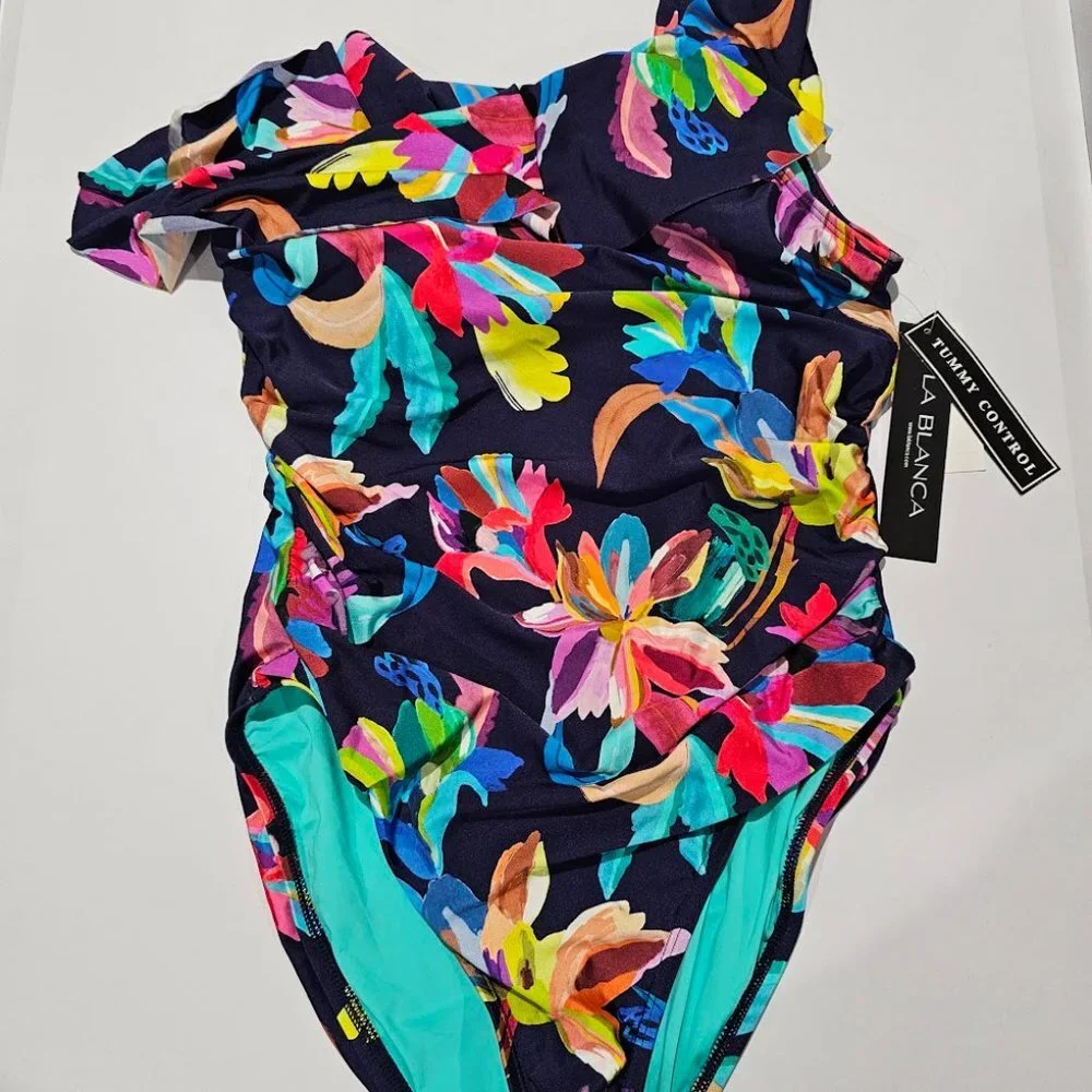La Blanca Ruffled One-Shoulder One-Piece Swimsuit Size 10 - Picture 5 of 9